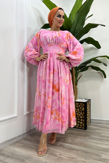 Belden Kuşaklı Şifon Elbise-Pembe