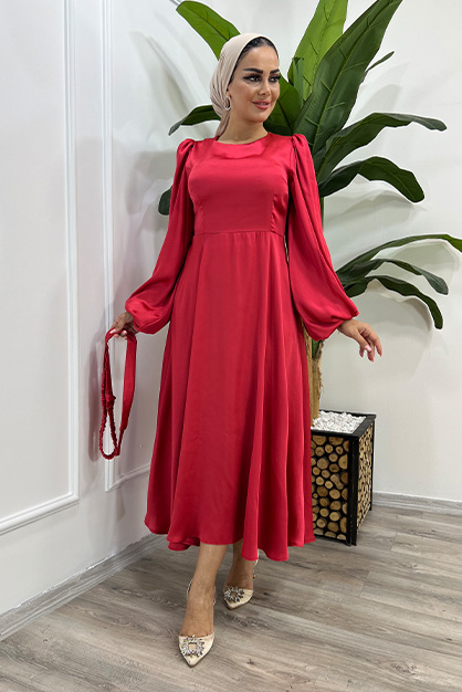 Belden Lastik Kemerli Saten Elbise - Kırmızı - Thumbnail