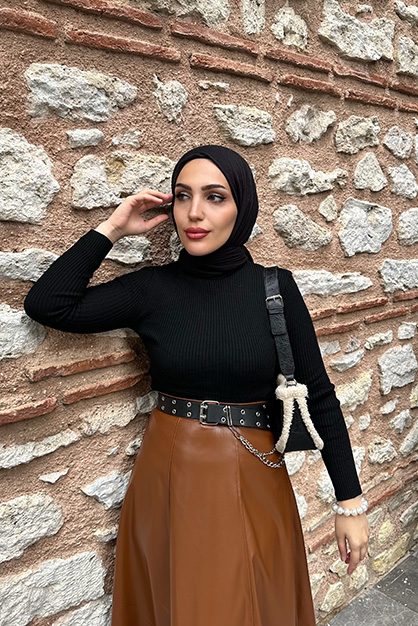 Modam Afra - Çan Model Deri Etek-Taba (1)