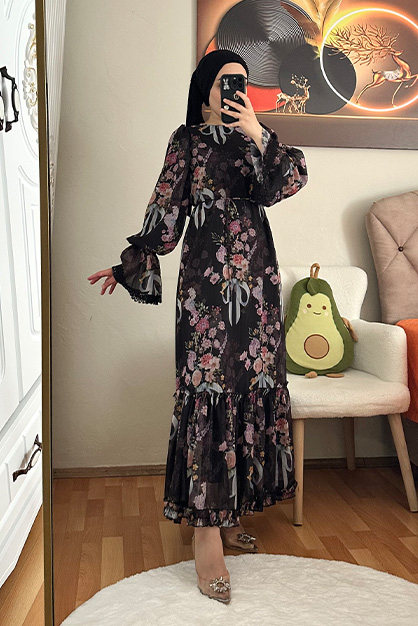 Modam Afra - Çiçek Desenli Siyah Şifon Elbise