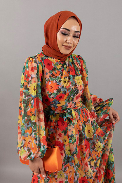 Modam Afra - Çiçekli Şifon Elbise - Hardal (1)