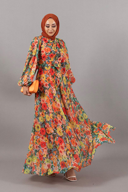 Modam Afra - Çiçekli Şifon Elbise - Hardal