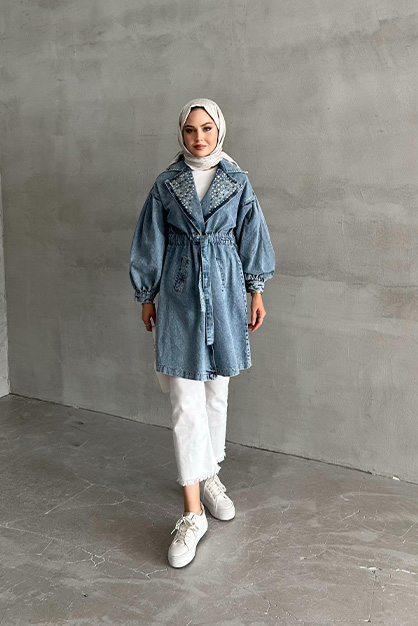 Denim Yakası Taşlı Ceket-Mavi