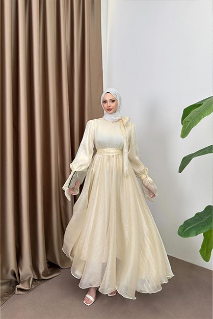 Fiyonk Bağlamalı Şifon Elbise - Krem - 1
