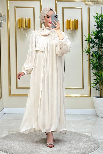 Modam Afra - Fularlı Abiye Elbise -Krem (1)