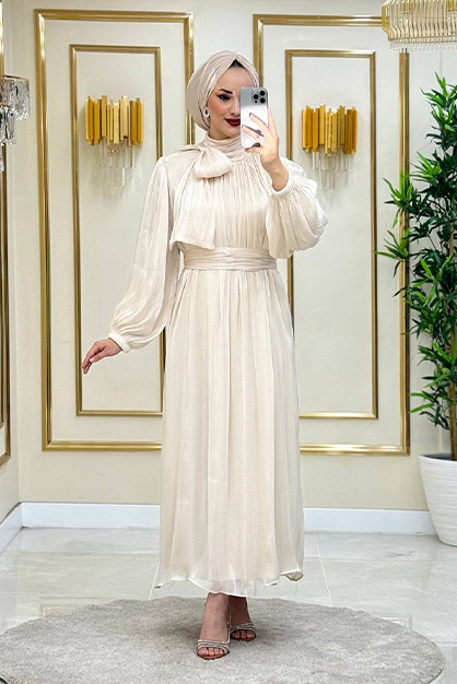 Modam Afra - Fularlı Abiye Elbise -Krem