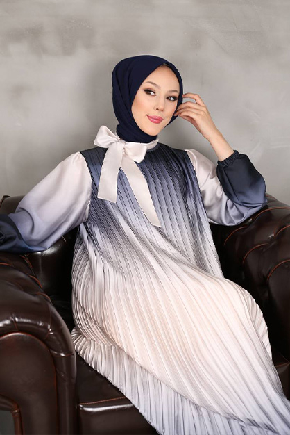 Modam Afra - İki Renkli Elbise Lacivert (1)