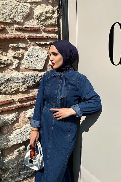 Kravatlı Denim Etekli Takım -Mavi