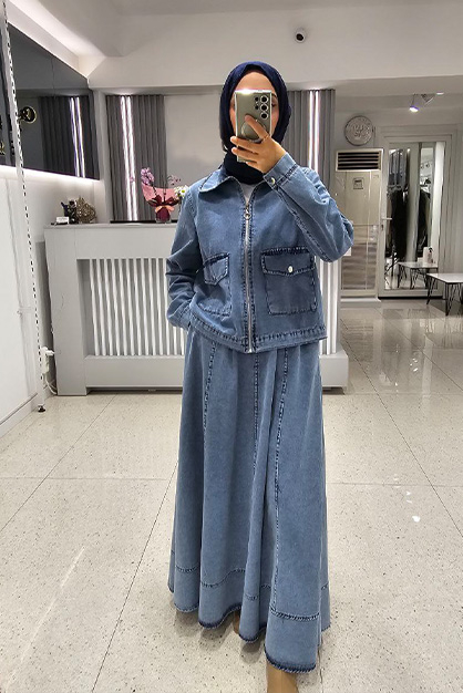 Ön Cepli Fermuarlı Denim Takım Mavi - 3