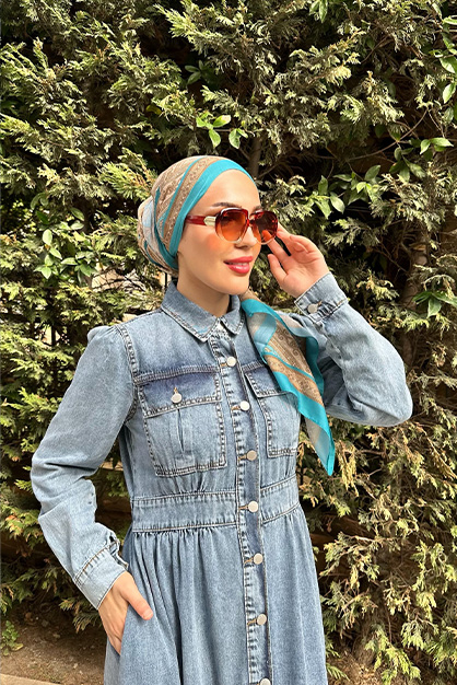 Ön Düğmeli Denim Elbise -Mavi