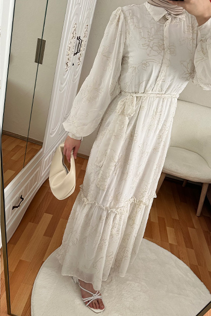 Varaklı Elbise Beyaz - Thumbnail